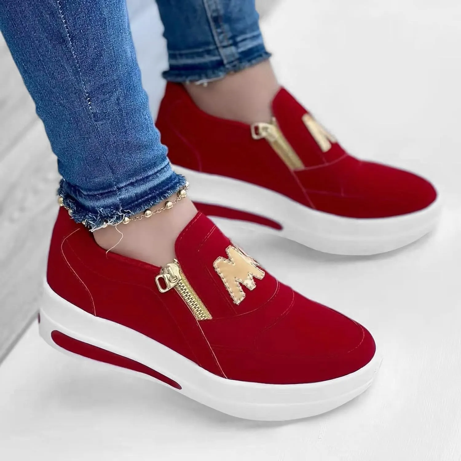Ladies Fashion Solid Color Flock Side Zipper Platform Comfortable Casual Sports Shoes Womens Club C Sneaker