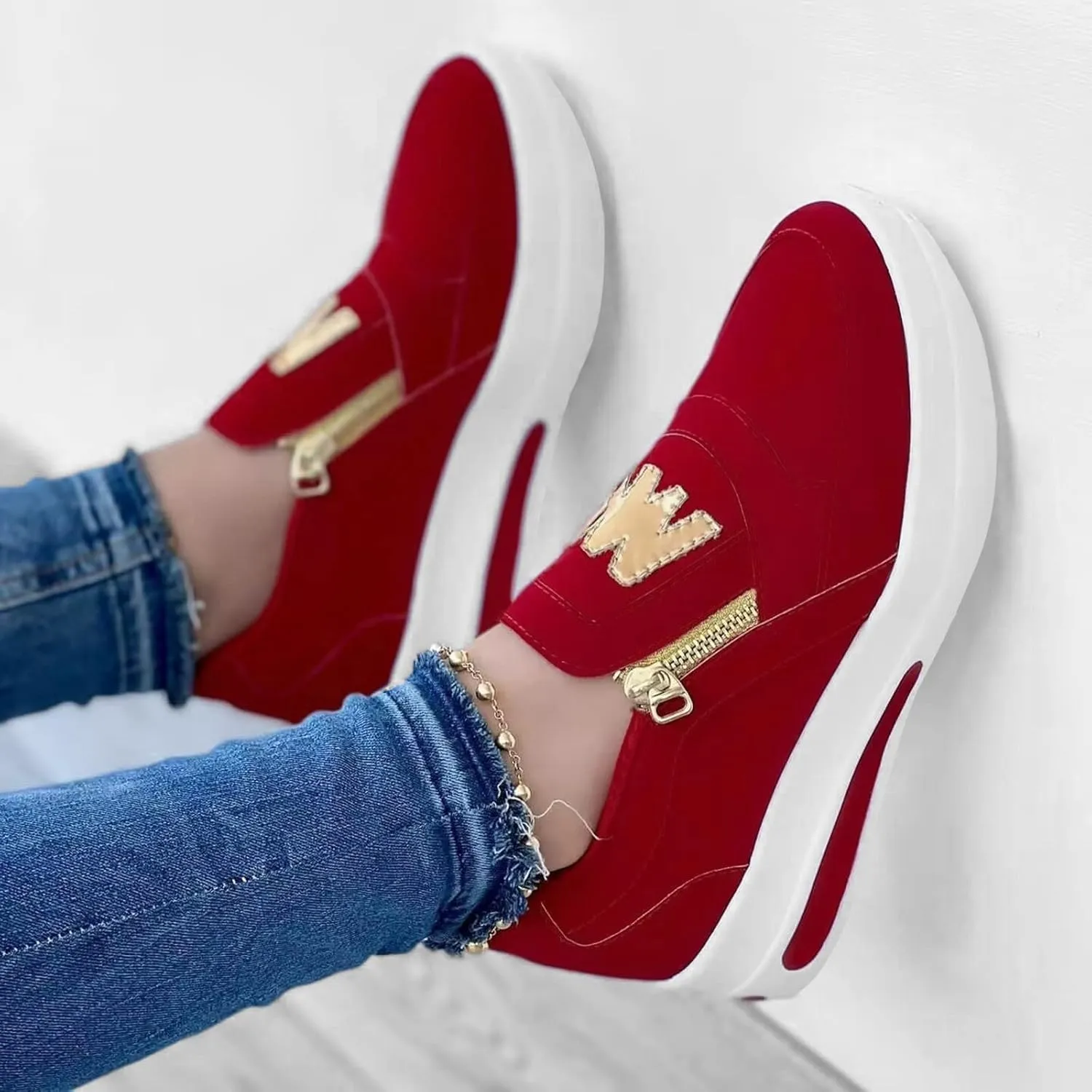 Ladies Fashion Solid Color Flock Side Zipper Platform Comfortable Casual Sports Shoes Womens Club C Sneaker