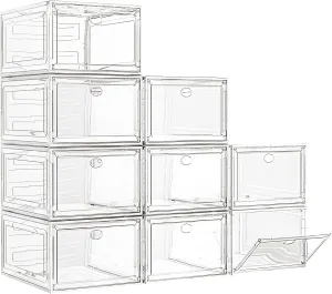 Large Clear Shoe Boxes Organizer【Thicker Material】 Stronger Shoe Box with Magnetic Door, Stackable Shoe Storage Box for Closet, Foldable Space-Saving Storage Bins Shoe Cabinet, White 9 Pack