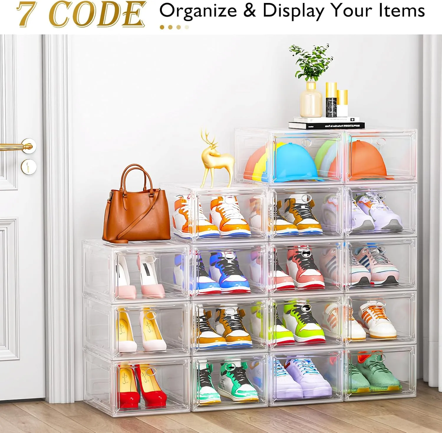 Large Clear Shoe Boxes Organizer【Thicker Material】 Stronger Shoe Box with Magnetic Door, Stackable Shoe Storage Box for Closet, Foldable Space-Saving Storage Bins Shoe Cabinet, White 9 Pack