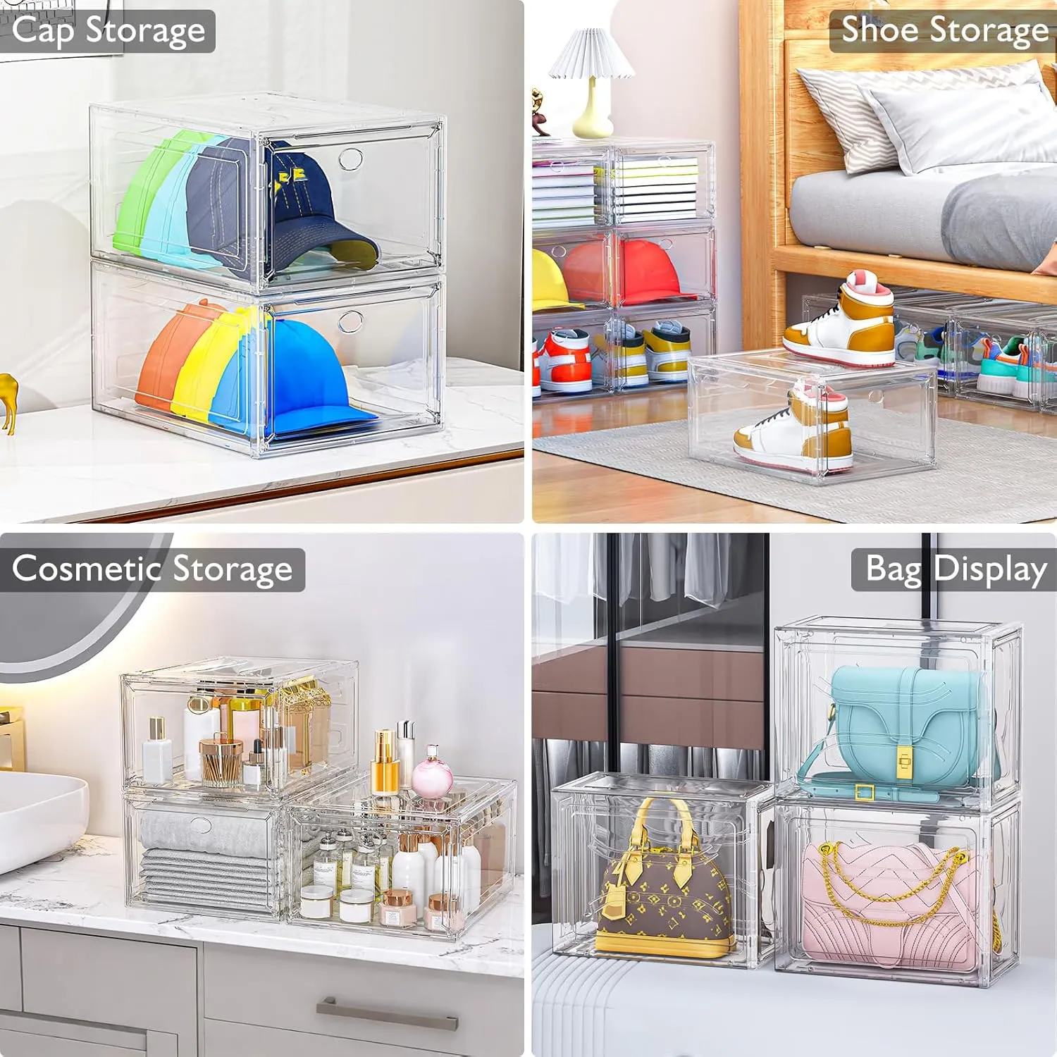 Large Clear Shoe Boxes Organizer【Thicker Material】 Stronger Shoe Box with Magnetic Door, Stackable Shoe Storage Box for Closet, Foldable Space-Saving Storage Bins Shoe Cabinet, White 9 Pack