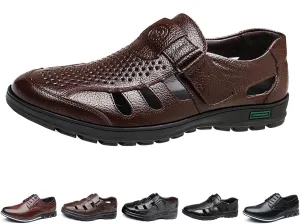 Large size fashion men's solid color retro head layer cowhide leather upper open toe sandals, comfortable non-slip hook-and-loop breathable beach shoes