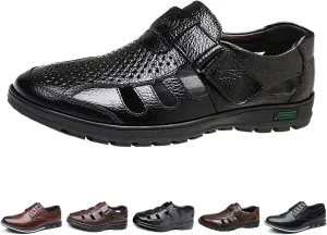 Large size fashion men's solid color retro head layer cowhide leather upper open toe sandals, comfortable non-slip hook-and-loop breathable beach shoes