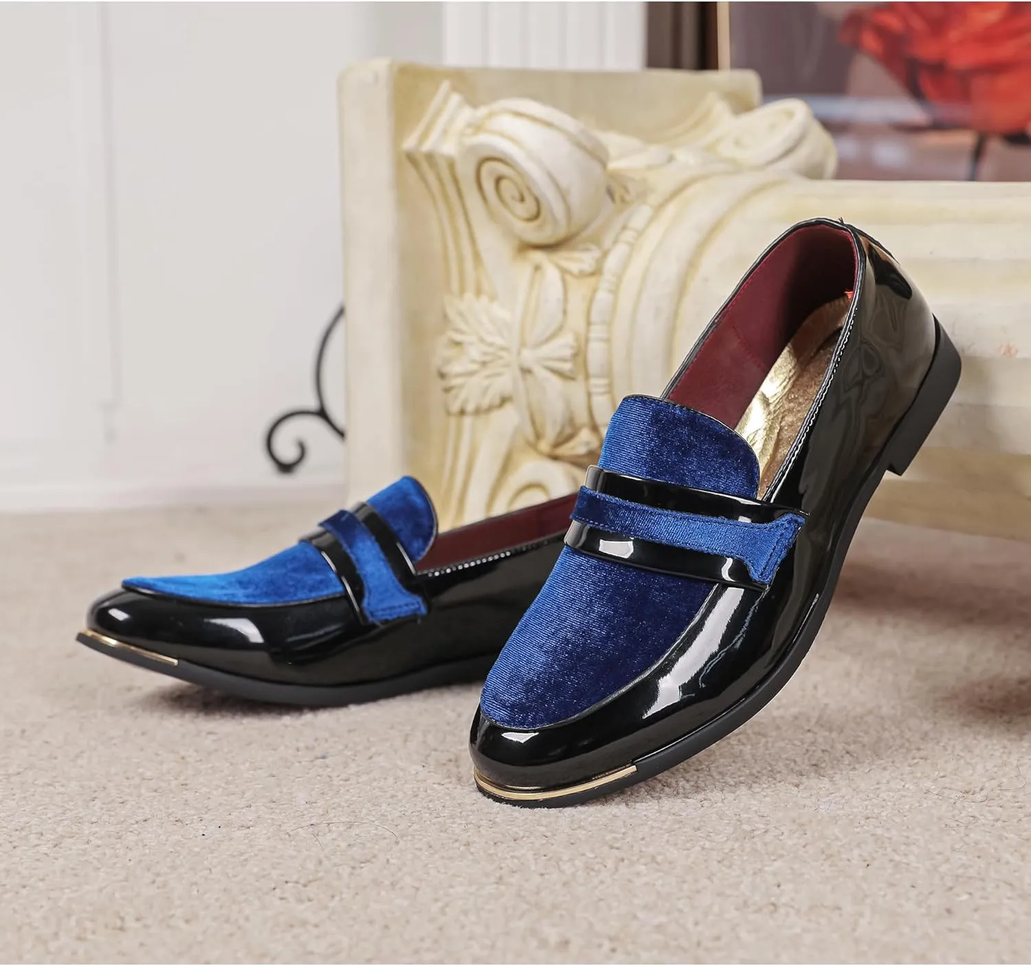 LCQL Men's Luxury Velvet Penny Loafers Patent Leather Oxford Classic Business Party Prom Club Dress Shoes Size 7-13