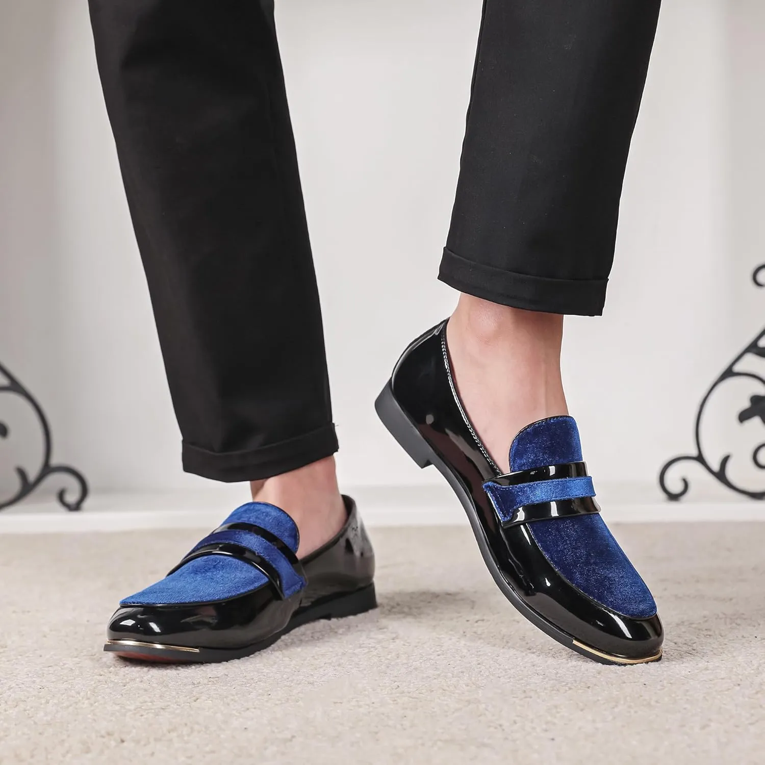 LCQL Men's Luxury Velvet Penny Loafers Patent Leather Oxford Classic Business Party Prom Club Dress Shoes Size 7-13