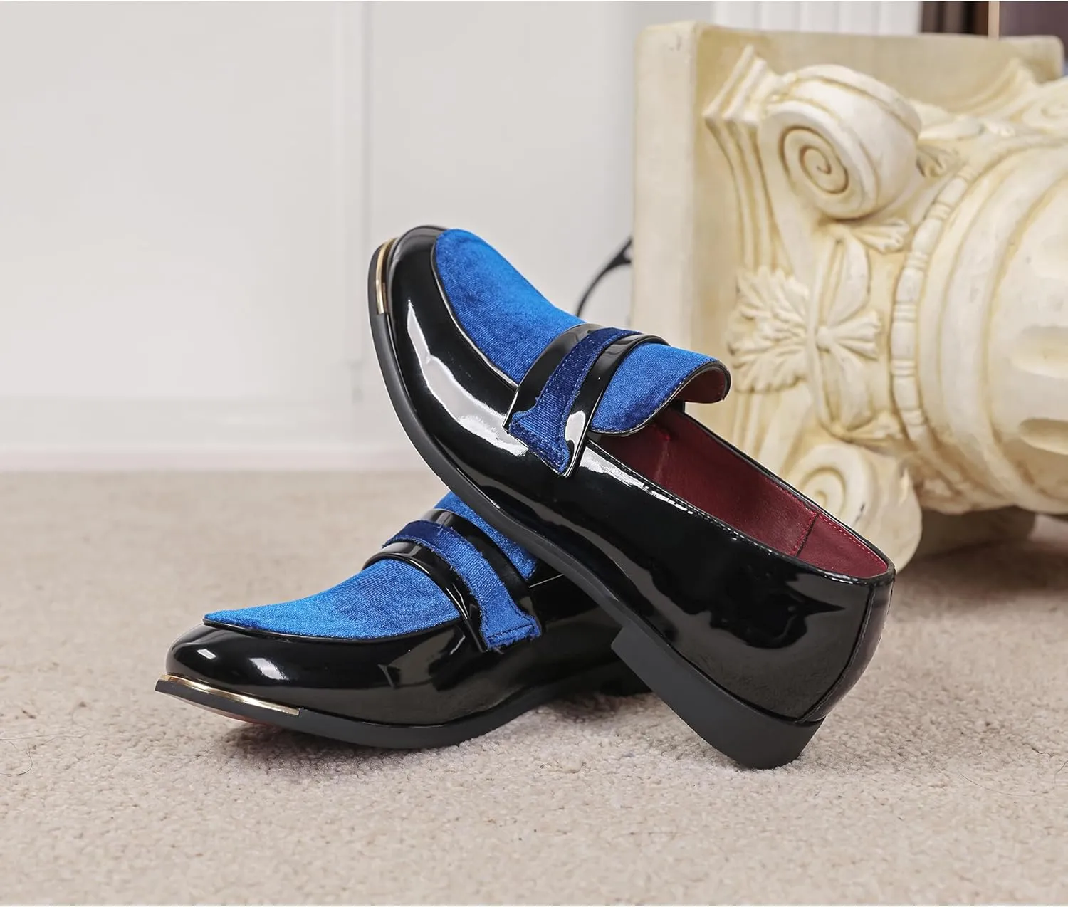 LCQL Men's Luxury Velvet Penny Loafers Patent Leather Oxford Classic Business Party Prom Club Dress Shoes Size 7-13