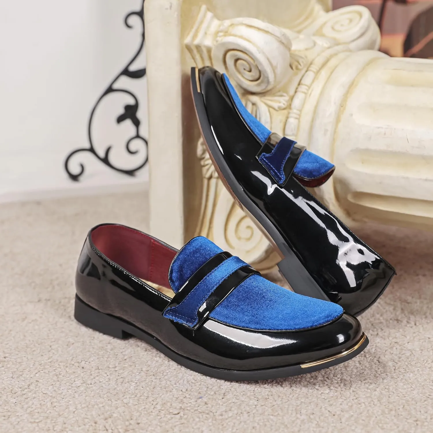 LCQL Men's Luxury Velvet Penny Loafers Patent Leather Oxford Classic Business Party Prom Club Dress Shoes Size 7-13