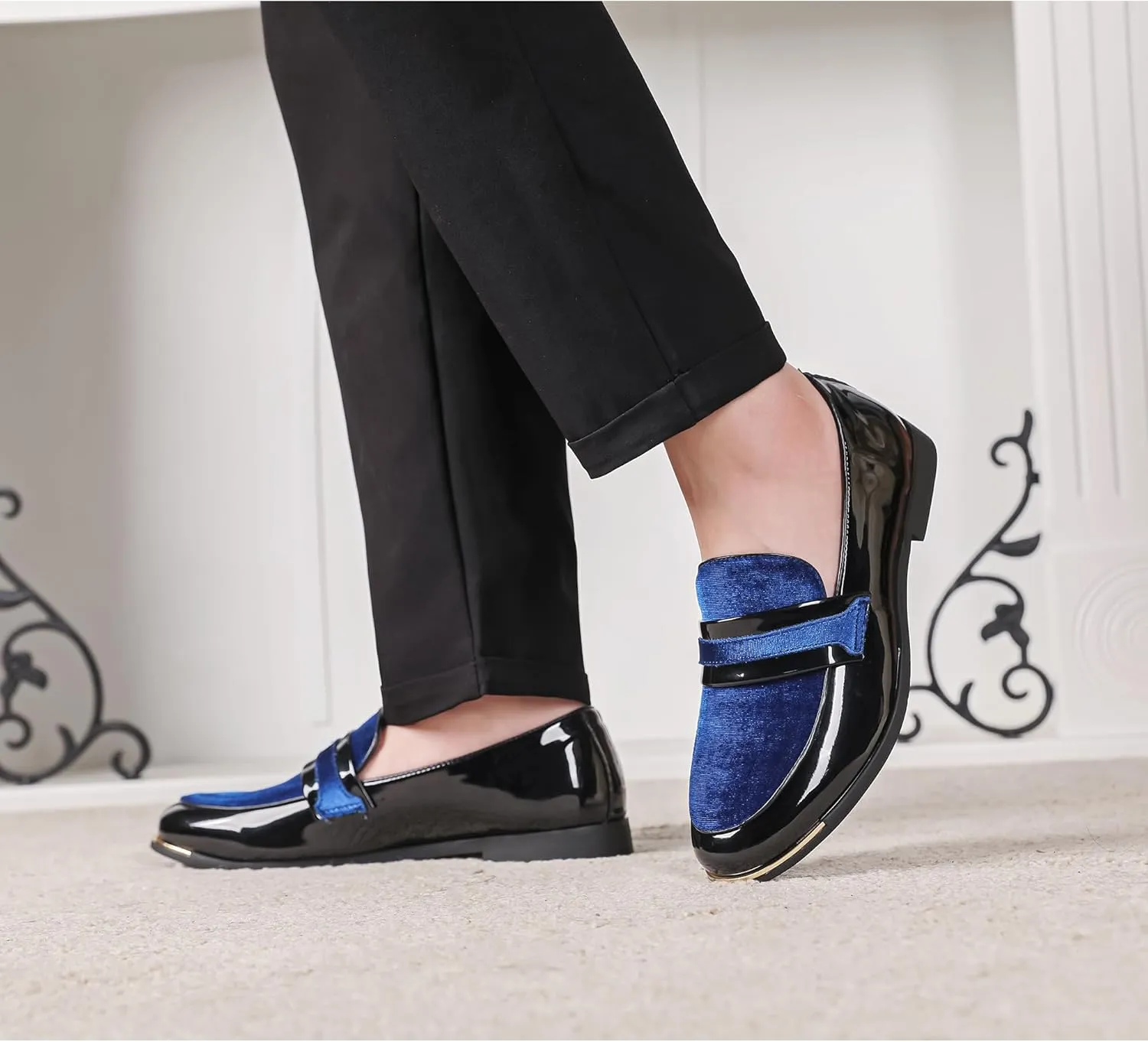 LCQL Men's Luxury Velvet Penny Loafers Patent Leather Oxford Classic Business Party Prom Club Dress Shoes Size 7-13