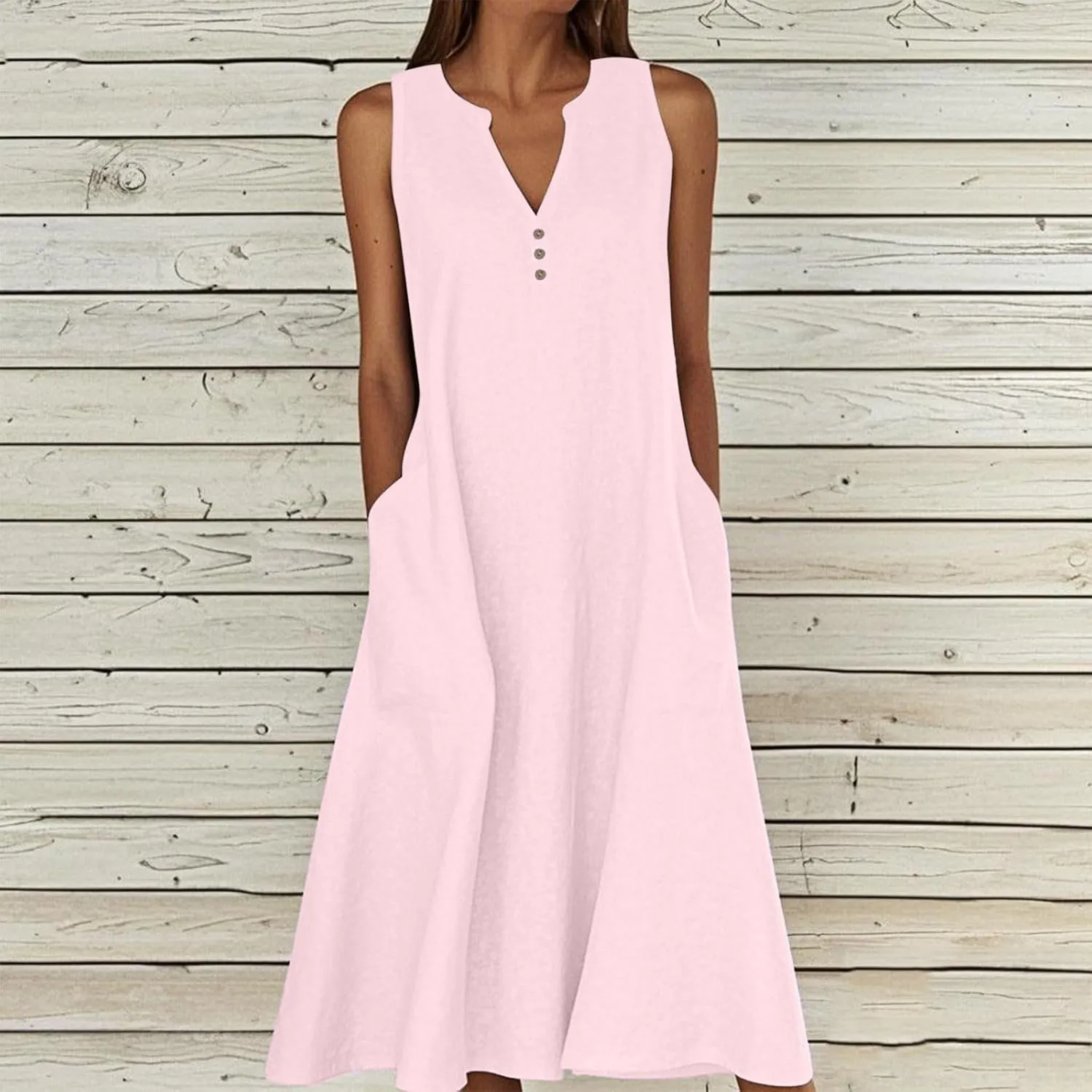 Linen Casual Dresses for Women Loose Button v Neck Cotton Dress Sleeveless a Line Tank Sundress Beach Travel Clothes
