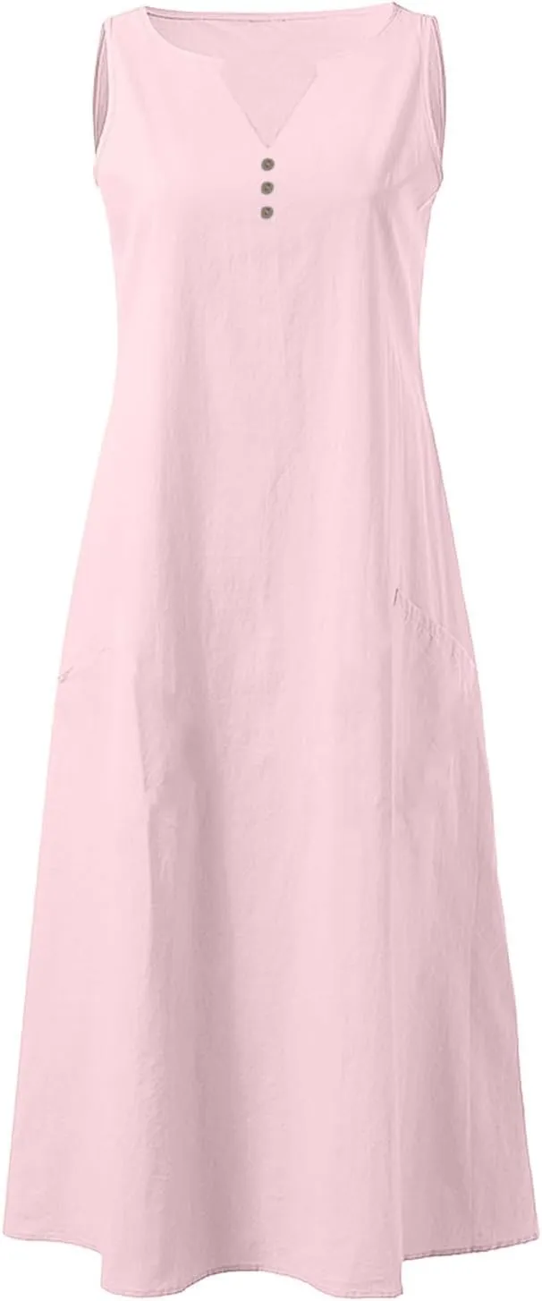 Linen Casual Dresses for Women Loose Button v Neck Cotton Dress Sleeveless a Line Tank Sundress Beach Travel Clothes