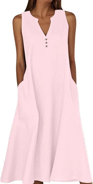 Linen Casual Dresses for Women Loose Button v Neck Cotton Dress Sleeveless a Line Tank Sundress Beach Travel Clothes