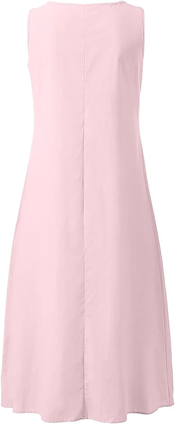 Linen Casual Dresses for Women Loose Button v Neck Cotton Dress Sleeveless a Line Tank Sundress Beach Travel Clothes