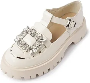Loafers for Women Stylish Leather White Black Crystal Square Mid Heels T Strap Pumps for Women - Perfect for Office, Dating, and Daily Wear in Spring