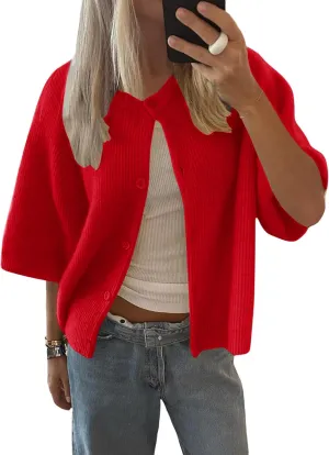 LOMON Womens Spring Summer Short Sleeve Cardigan Sweaters Trendy Crew Neck Button Down Lightweight Knit Outfit Y2k Clothes