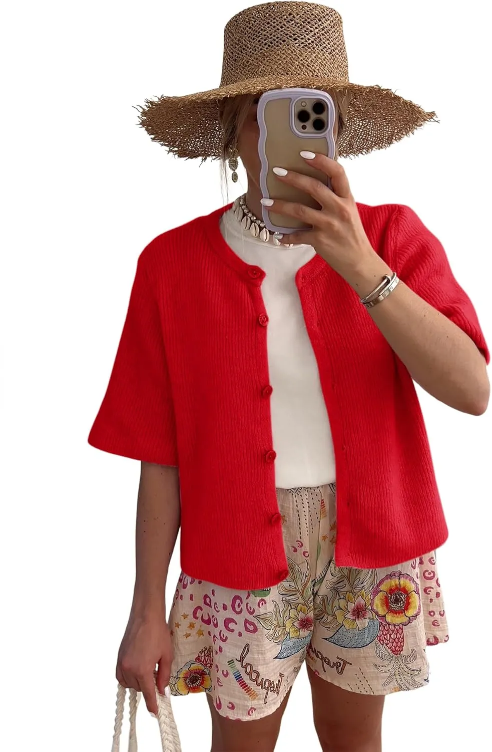 LOMON Womens Spring Summer Short Sleeve Cardigan Sweaters Trendy Crew Neck Button Down Lightweight Knit Outfit Y2k Clothes