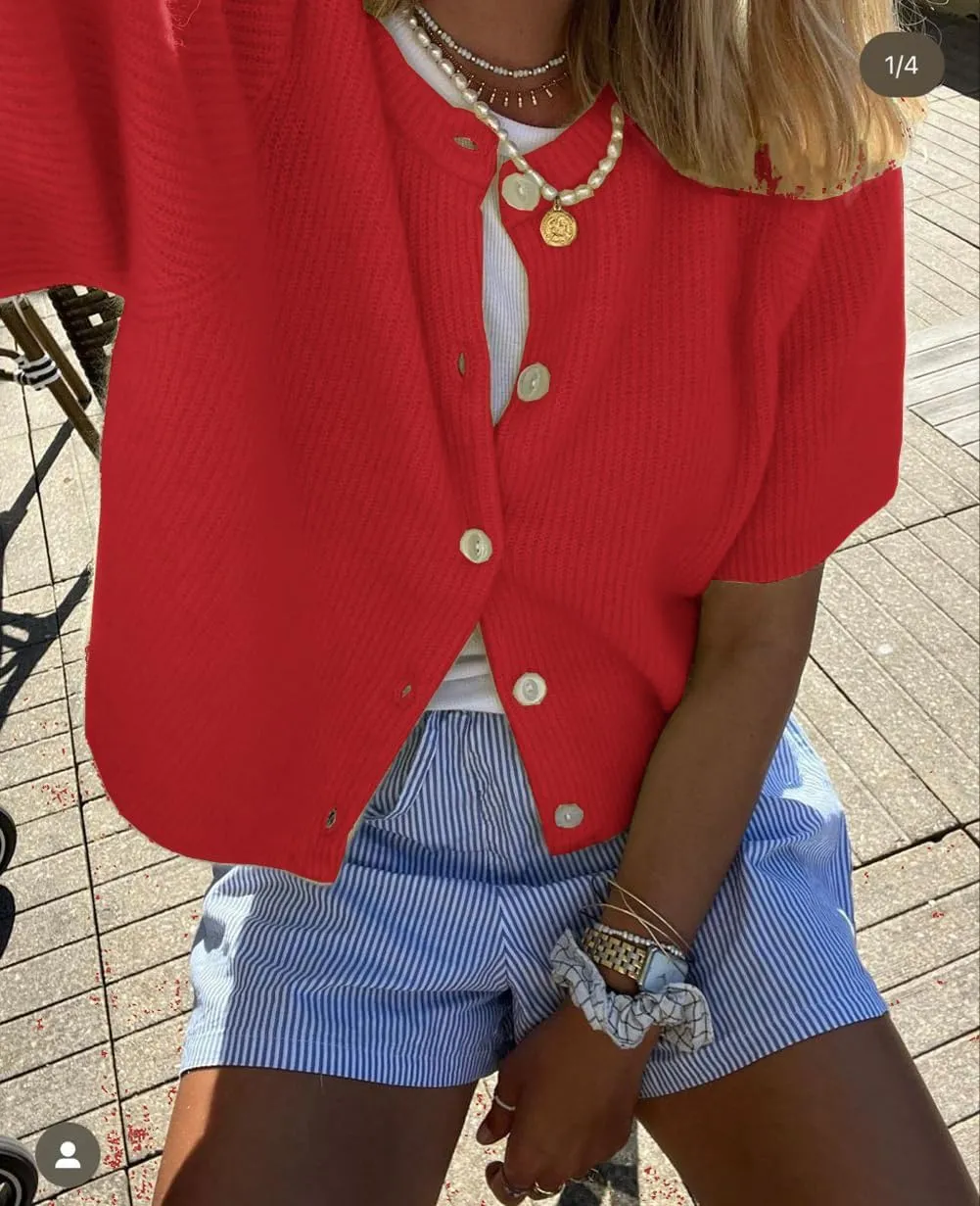 LOMON Womens Spring Summer Short Sleeve Cardigan Sweaters Trendy Crew Neck Button Down Lightweight Knit Outfit Y2k Clothes