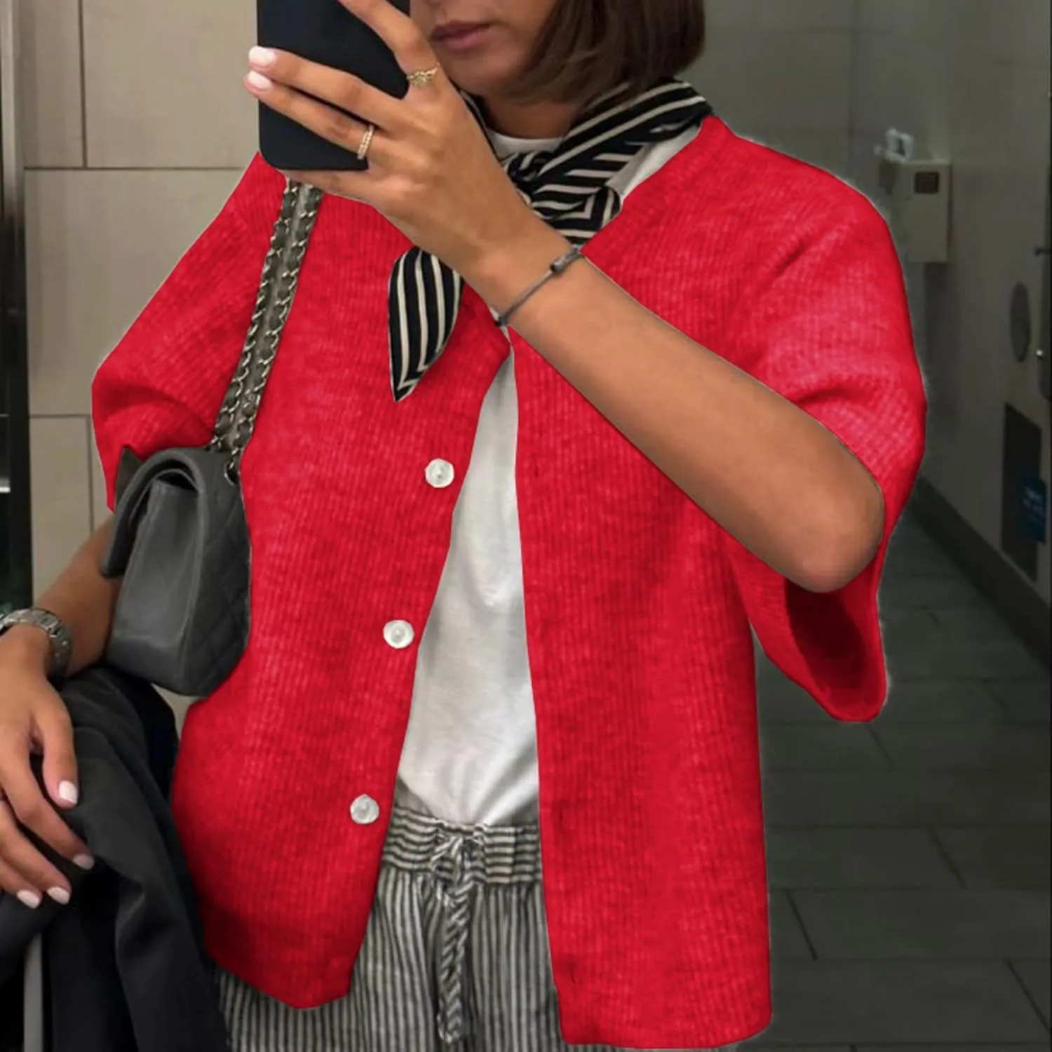 LOMON Womens Spring Summer Short Sleeve Cardigan Sweaters Trendy Crew Neck Button Down Lightweight Knit Outfit Y2k Clothes