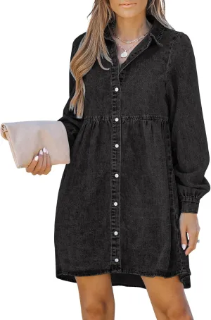 LookbookStore Long Sleeve Denim Dress for Women Jean Dress Button Down Casual Babydoll Denim Shirt Dress
