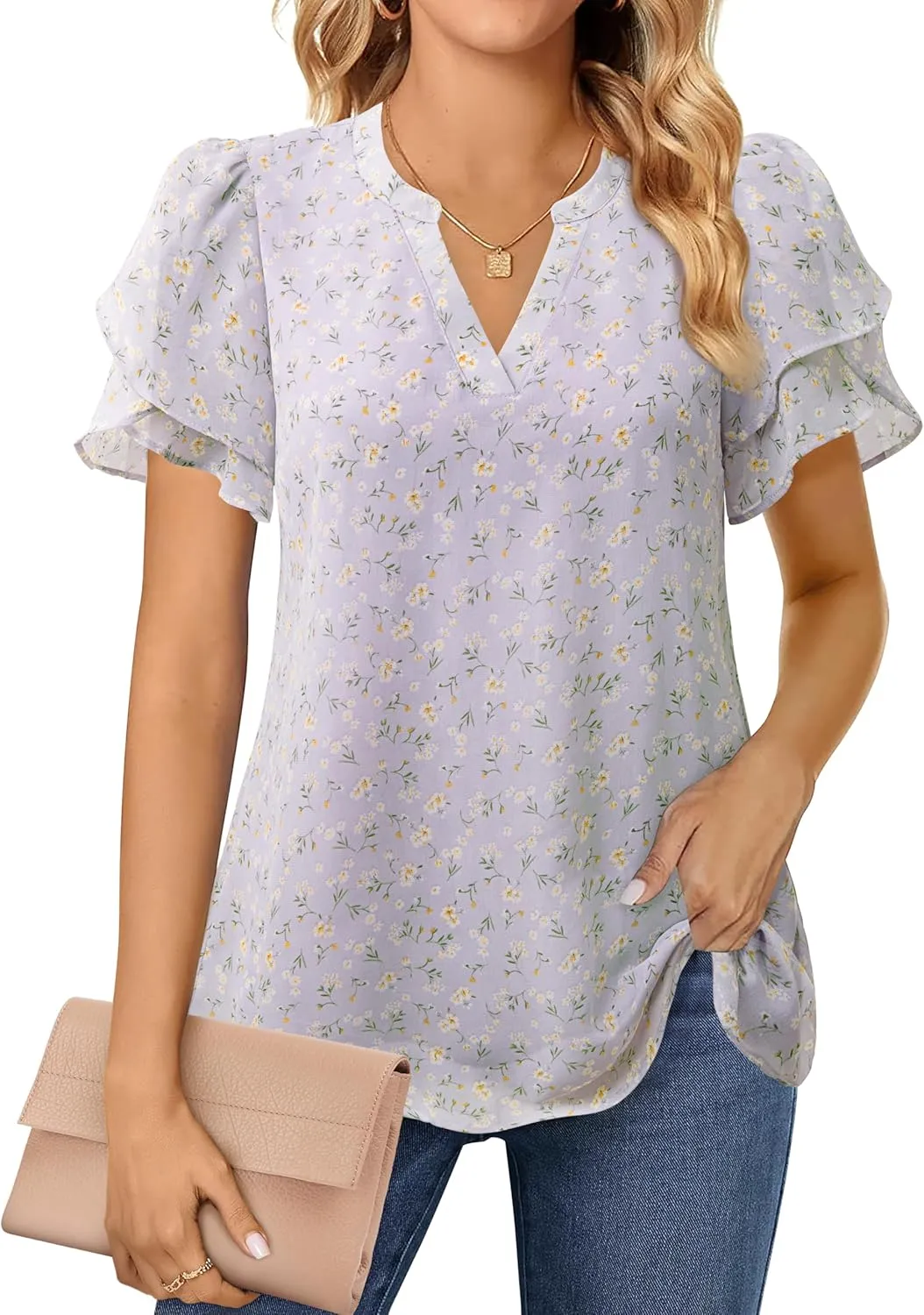 Lotusmile Womens Dressy Chiffon Blouses Summer Puff Petal Short Sleeve Shirts V Neck Casual Work Tops
