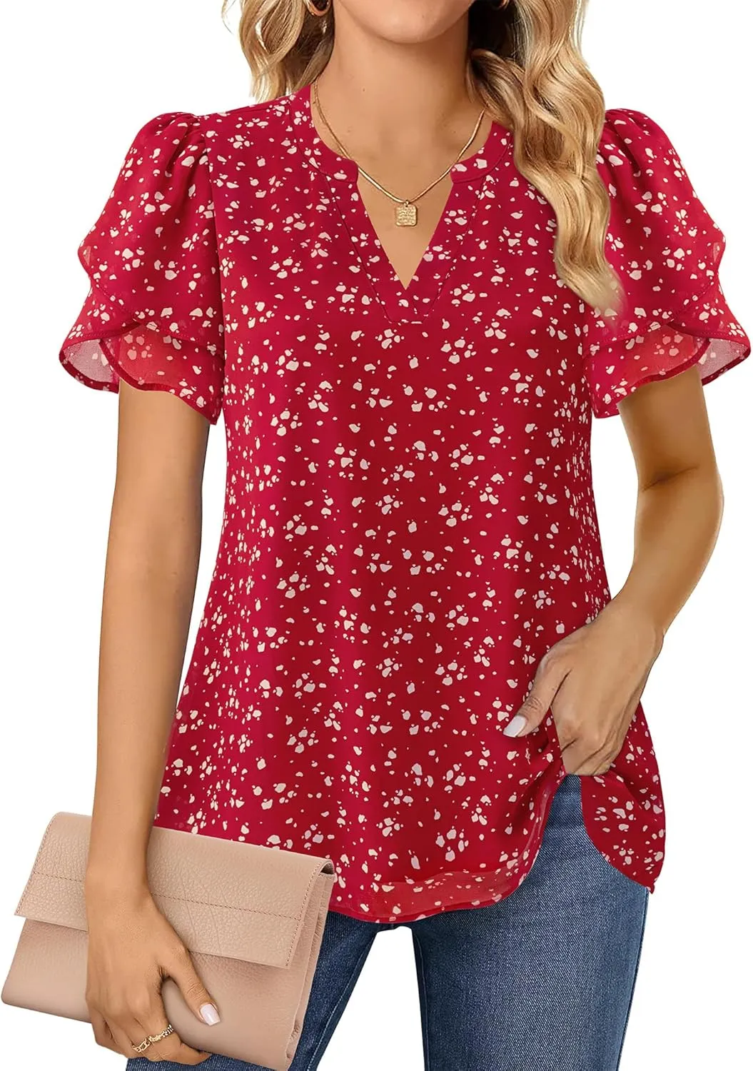 Lotusmile Womens Dressy Chiffon Blouses Summer Puff Petal Short Sleeve Shirts V Neck Casual Work Tops
