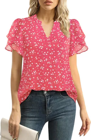 Lotusmile Womens Dressy Chiffon Blouses Summer Puff Petal Short Sleeve Shirts V Neck Casual Work Tops