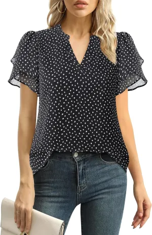 Lotusmile Womens Dressy Chiffon Blouses Summer Puff Petal Short Sleeve Shirts V Neck Casual Work Tops