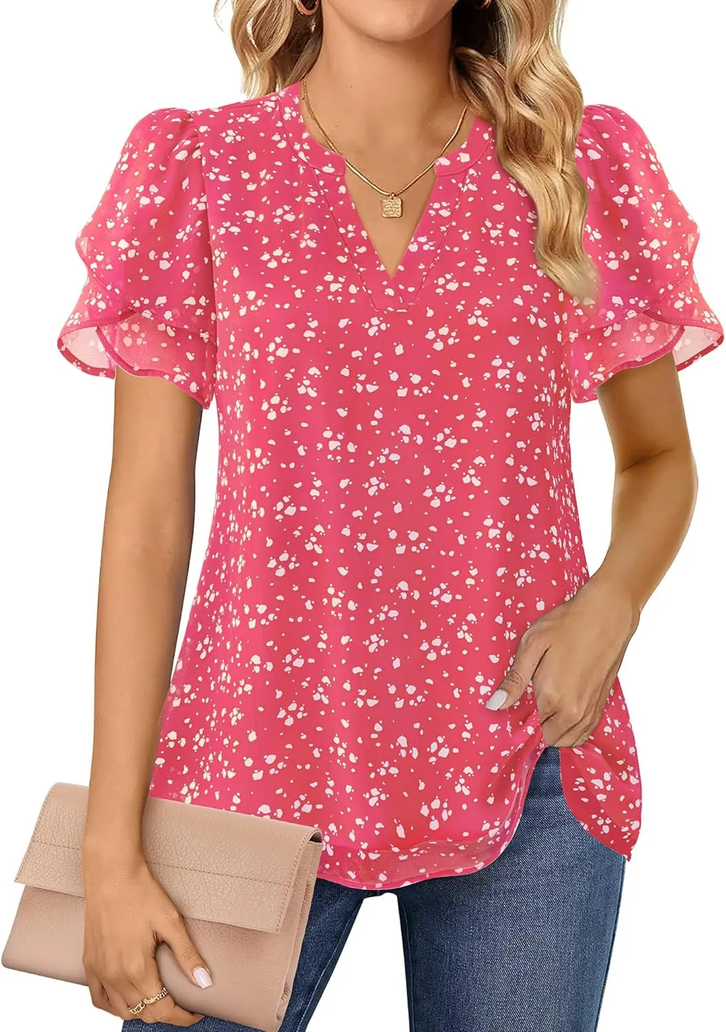Lotusmile Womens Dressy Chiffon Blouses Summer Puff Petal Short Sleeve Shirts V Neck Casual Work Tops