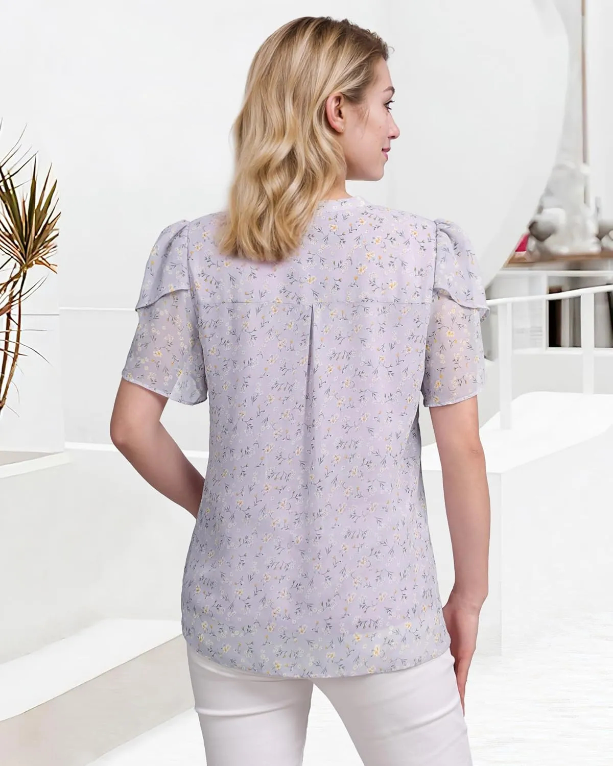 Lotusmile Womens Dressy Chiffon Blouses Summer Puff Petal Short Sleeve Shirts V Neck Casual Work Tops
