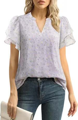 Lotusmile Womens Dressy Chiffon Blouses Summer Puff Petal Short Sleeve Shirts V Neck Casual Work Tops