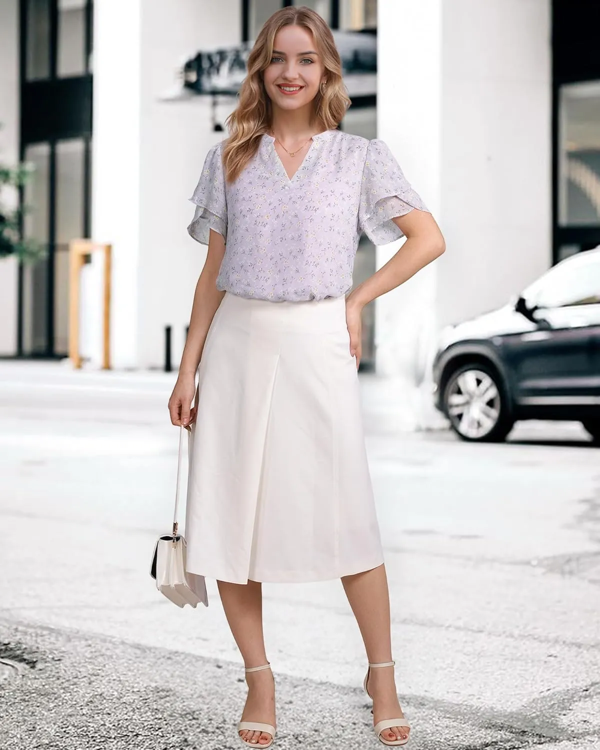Lotusmile Womens Dressy Chiffon Blouses Summer Puff Petal Short Sleeve Shirts V Neck Casual Work Tops