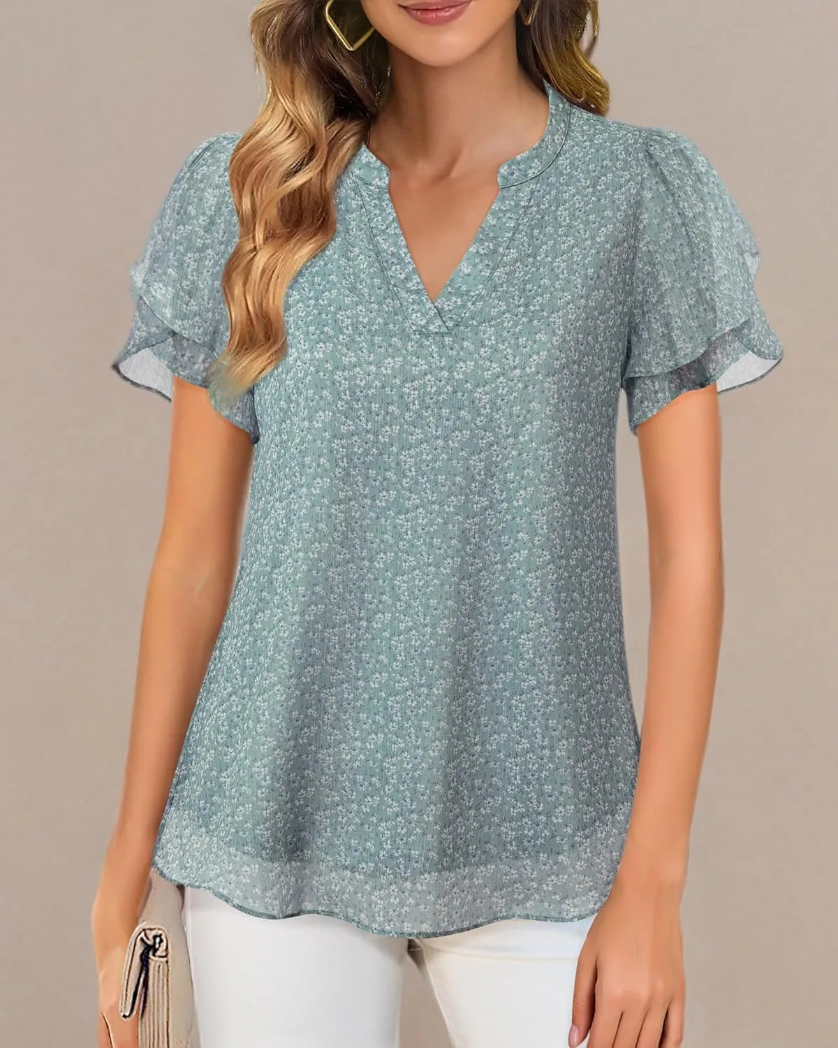 Lotusmile Womens Dressy Chiffon Blouses Summer Puff Petal Short Sleeve Shirts V Neck Casual Work Tops