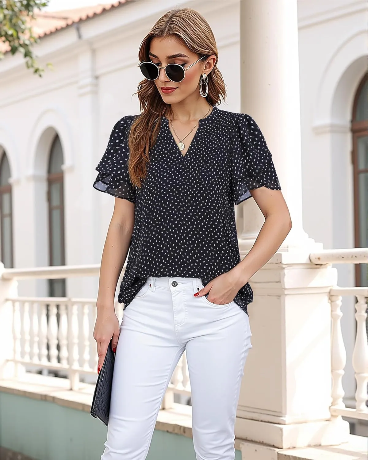 Lotusmile Womens Dressy Chiffon Blouses Summer Puff Petal Short Sleeve Shirts V Neck Casual Work Tops