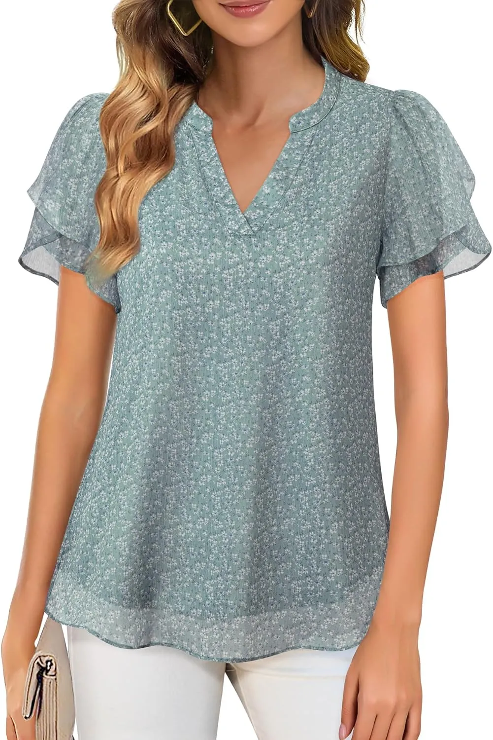 Lotusmile Womens Dressy Chiffon Blouses Summer Puff Petal Short Sleeve Shirts V Neck Casual Work Tops