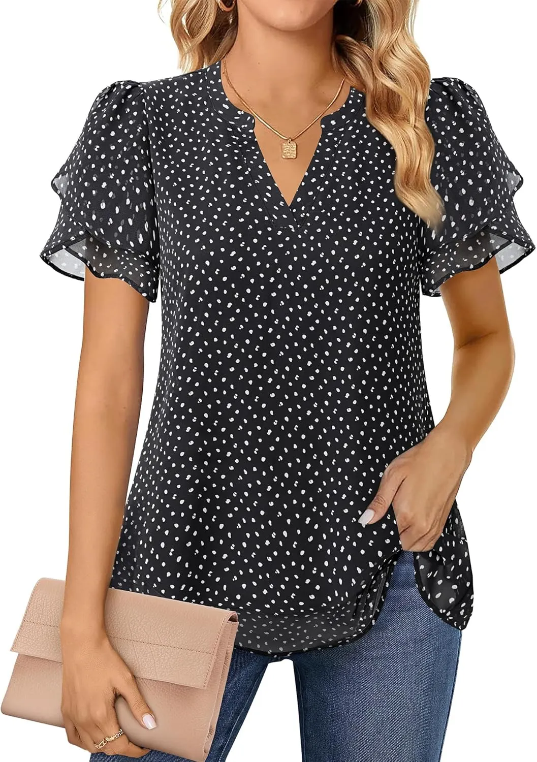 Lotusmile Womens Dressy Chiffon Blouses Summer Puff Petal Short Sleeve Shirts V Neck Casual Work Tops