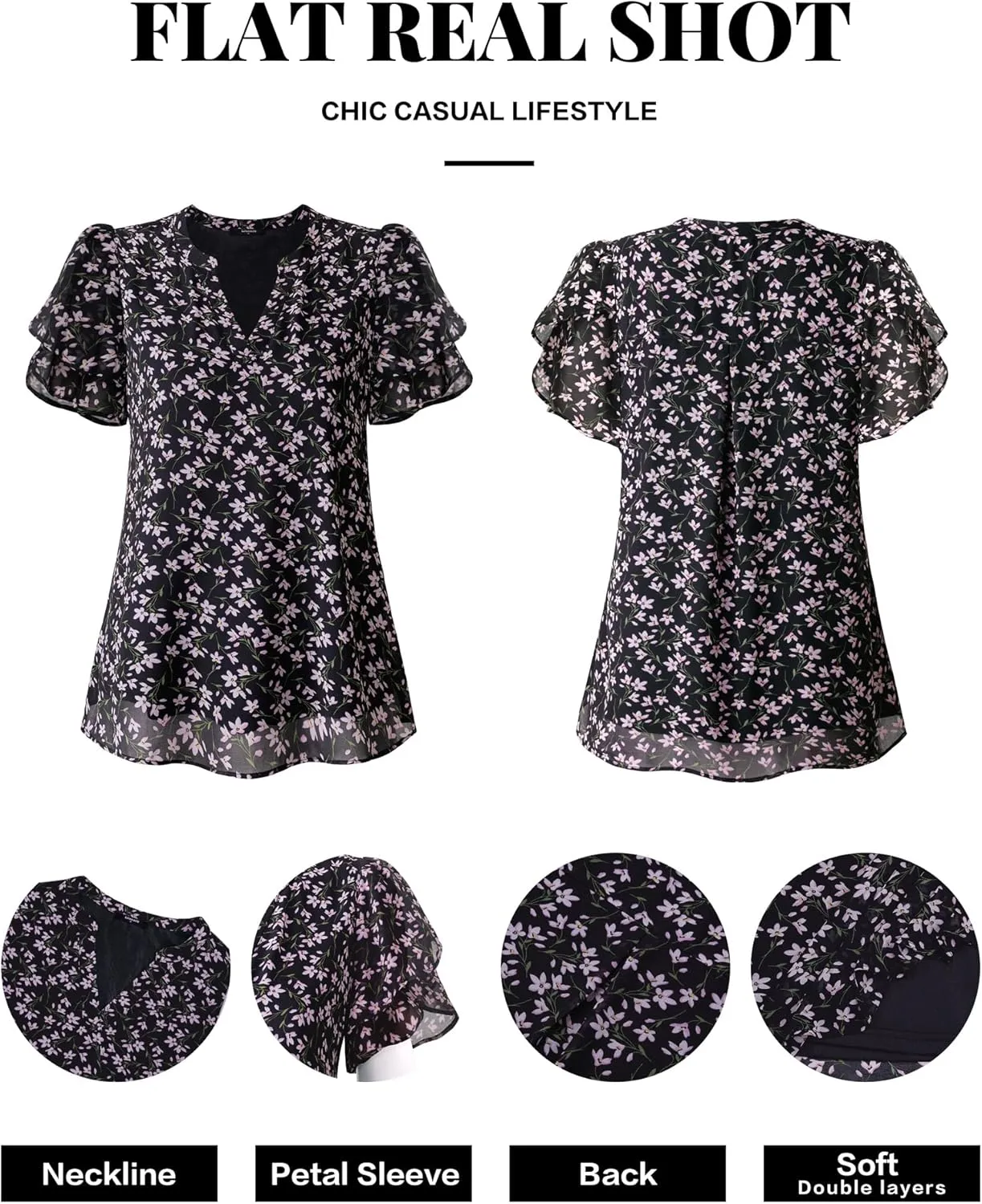 Lotusmile Womens Dressy Chiffon Blouses Summer Puff Petal Short Sleeve Shirts V Neck Casual Work Tops