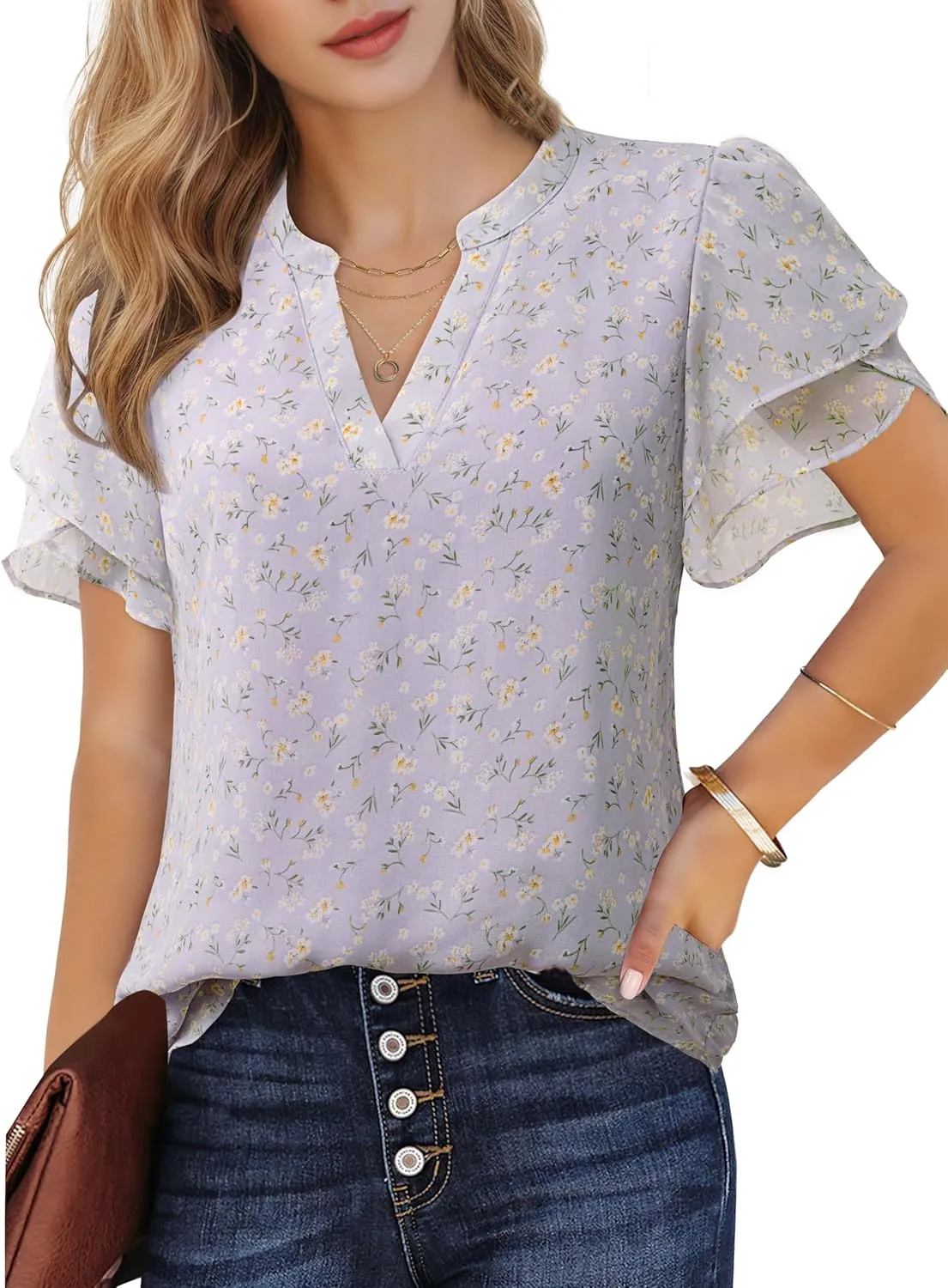 Lotusmile Womens Dressy Chiffon Blouses Summer Puff Petal Short Sleeve Shirts V Neck Casual Work Tops