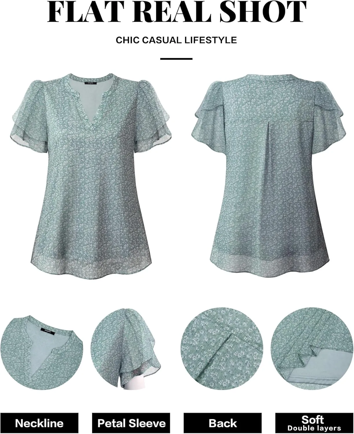 Lotusmile Womens Dressy Chiffon Blouses Summer Puff Petal Short Sleeve Shirts V Neck Casual Work Tops