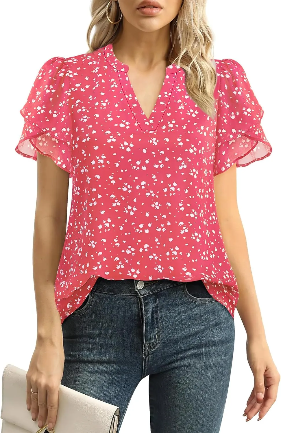 Lotusmile Womens Dressy Chiffon Blouses Summer Puff Petal Short Sleeve Shirts V Neck Casual Work Tops