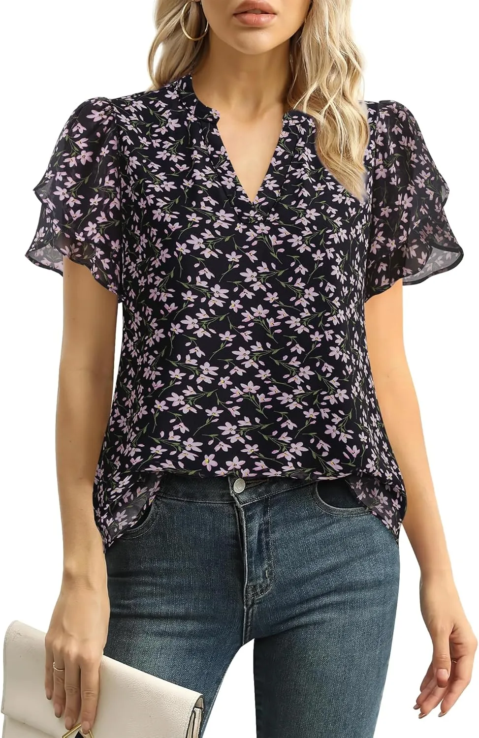 Lotusmile Womens Dressy Chiffon Blouses Summer Puff Petal Short Sleeve Shirts V Neck Casual Work Tops