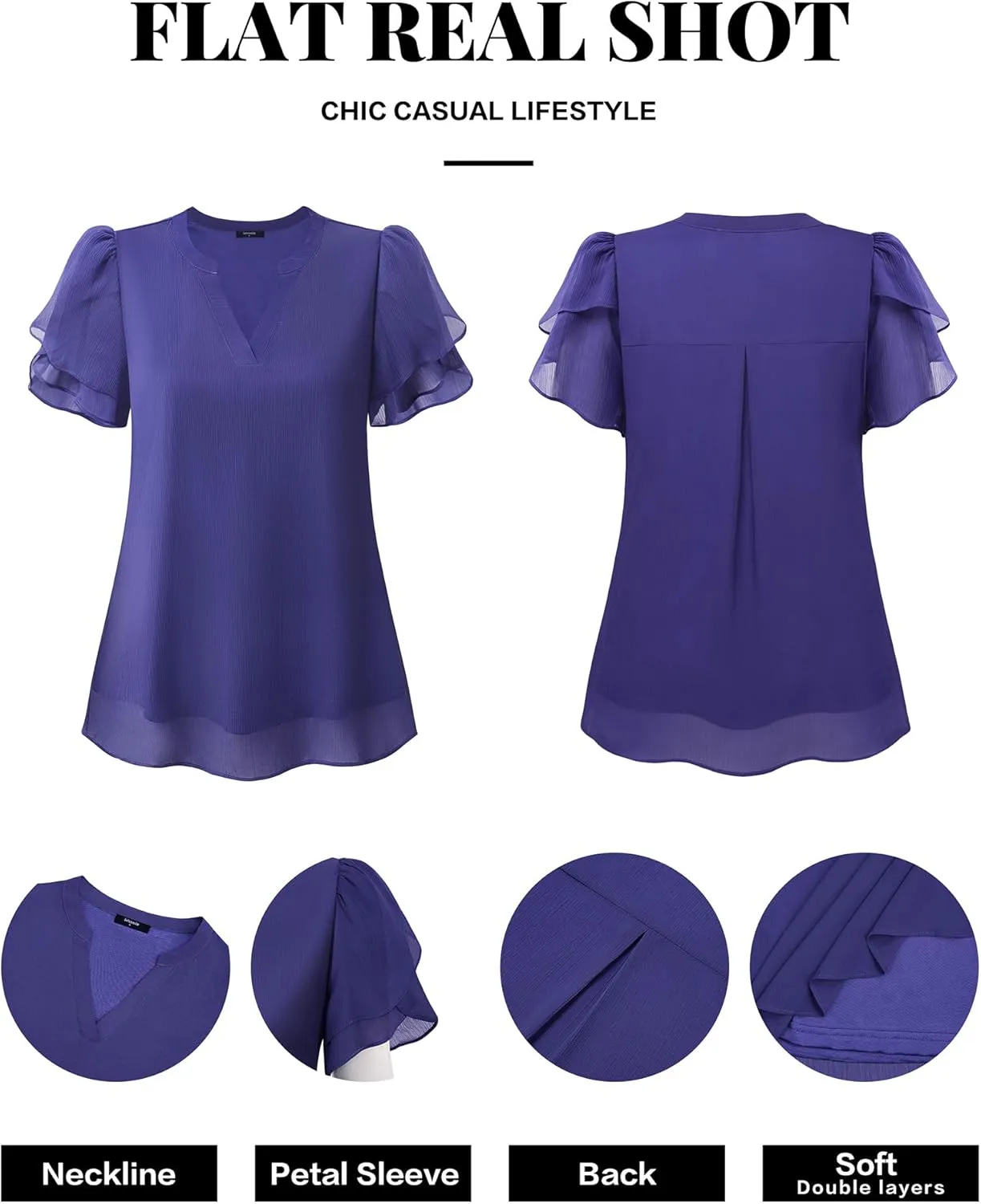 Lotusmile Womens Dressy Chiffon Blouses Summer Puff Petal Short Sleeve Shirts V Neck Casual Work Tops