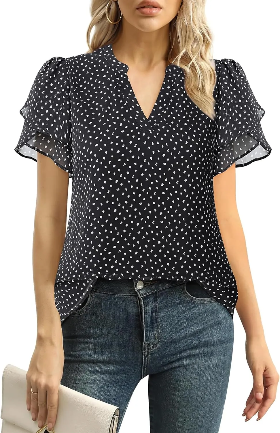 Lotusmile Womens Dressy Chiffon Blouses Summer Puff Petal Short Sleeve Shirts V Neck Casual Work Tops