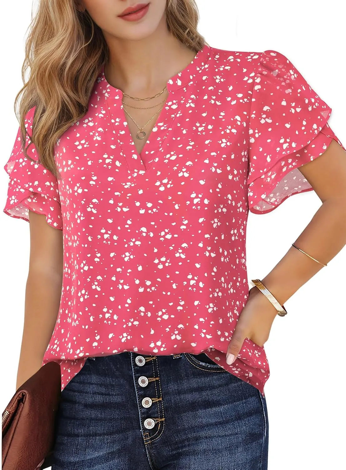 Lotusmile Womens Dressy Chiffon Blouses Summer Puff Petal Short Sleeve Shirts V Neck Casual Work Tops