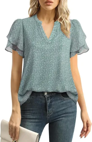 Lotusmile Womens Dressy Chiffon Blouses Summer Puff Petal Short Sleeve Shirts V Neck Casual Work Tops