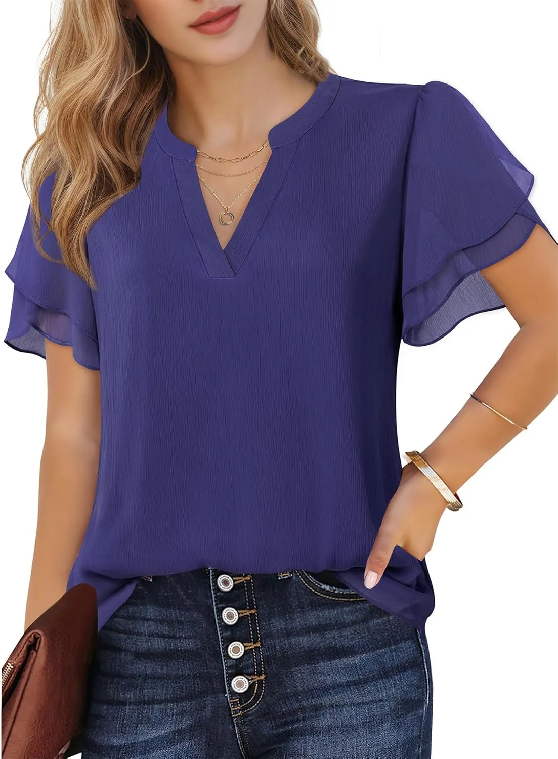 Lotusmile Womens Dressy Chiffon Blouses Summer Puff Petal Short Sleeve Shirts V Neck Casual Work Tops