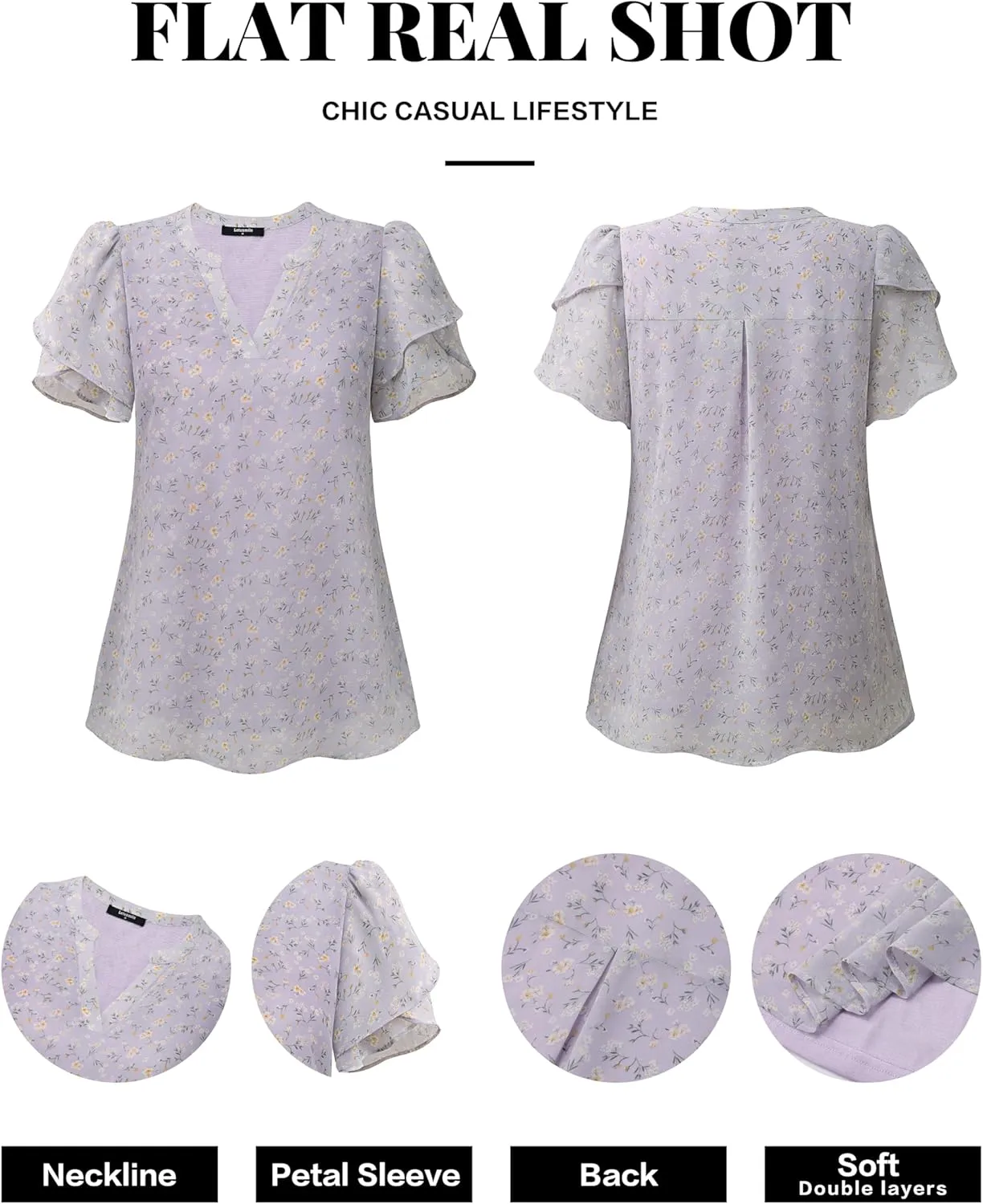 Lotusmile Womens Dressy Chiffon Blouses Summer Puff Petal Short Sleeve Shirts V Neck Casual Work Tops