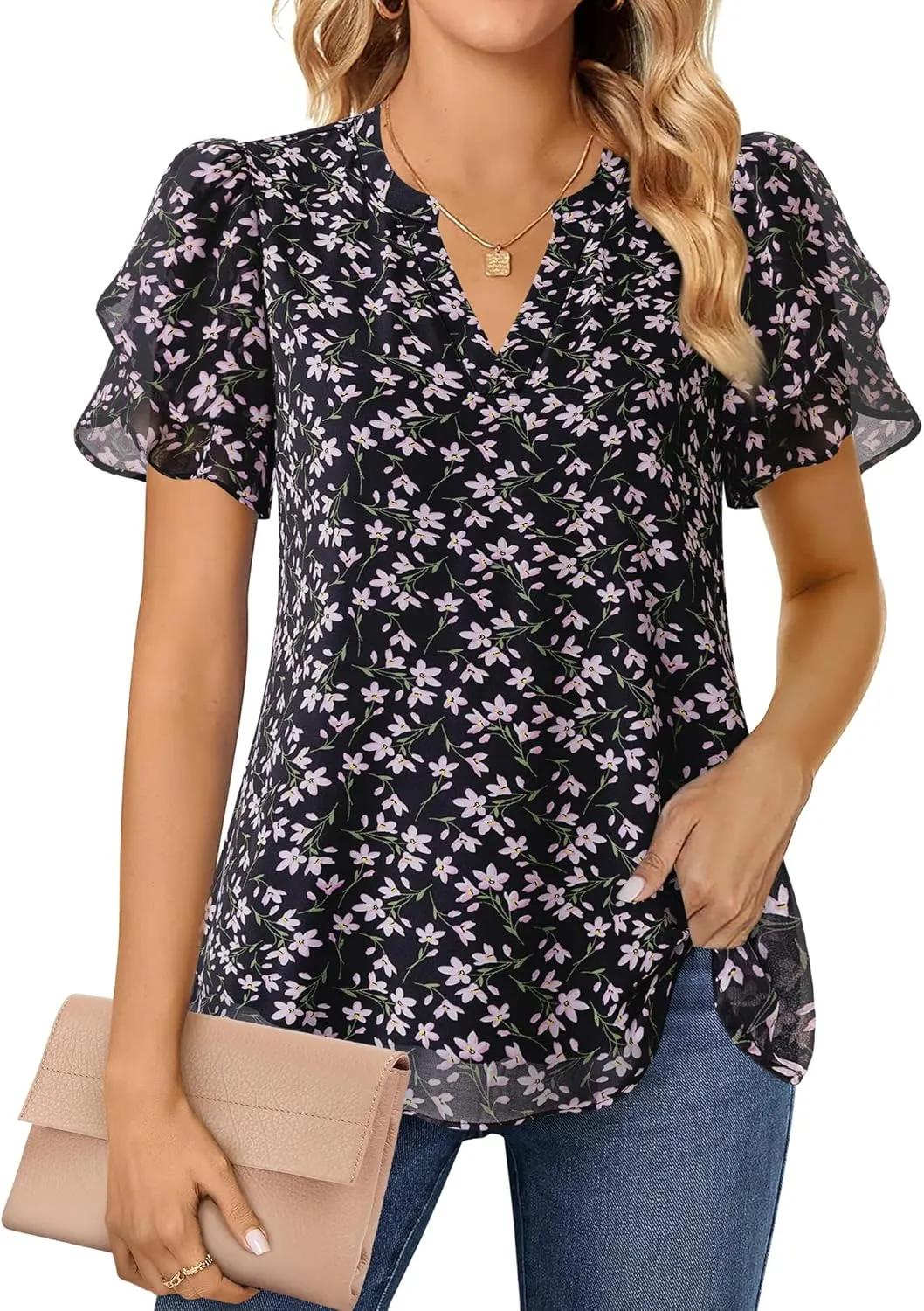 Lotusmile Womens Dressy Chiffon Blouses Summer Puff Petal Short Sleeve Shirts V Neck Casual Work Tops