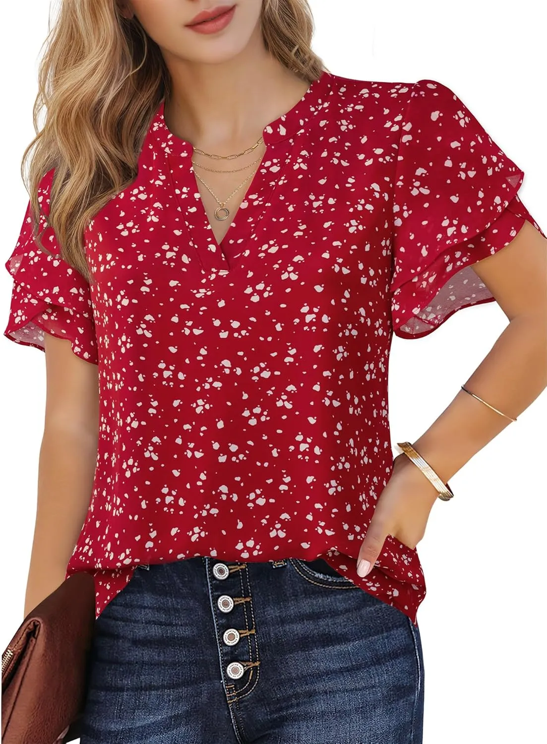 Lotusmile Womens Dressy Chiffon Blouses Summer Puff Petal Short Sleeve Shirts V Neck Casual Work Tops