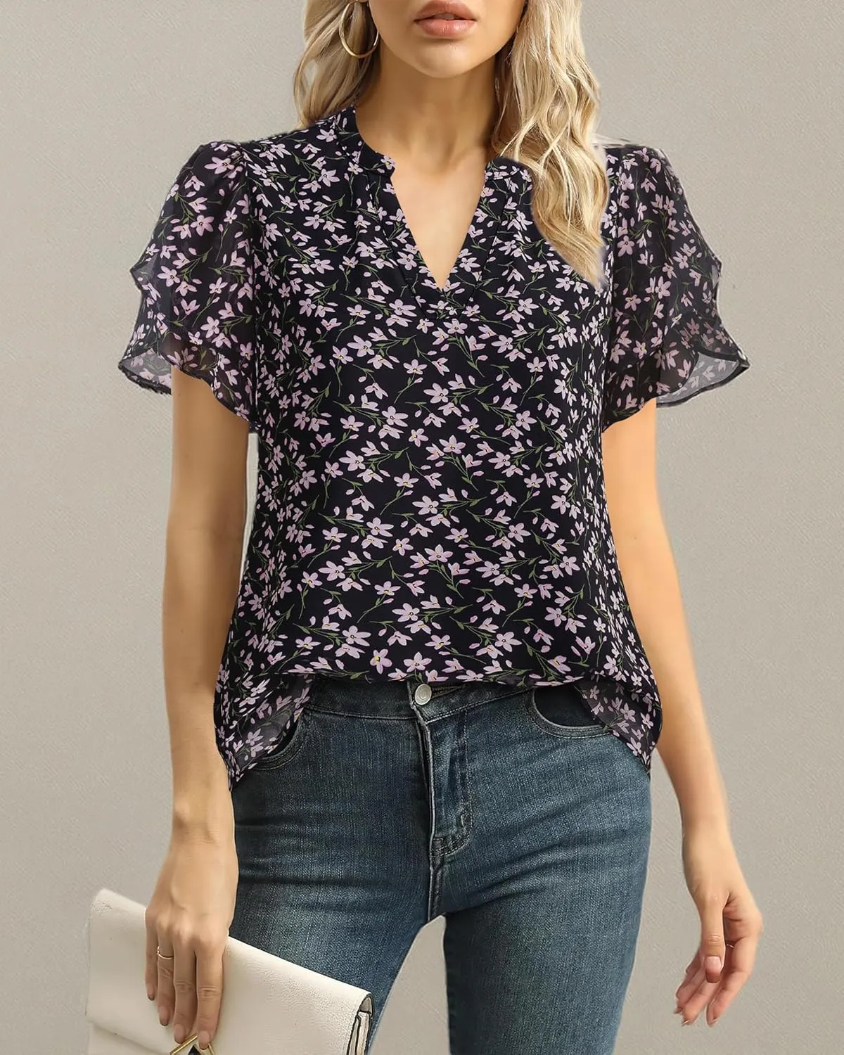 Lotusmile Womens Dressy Chiffon Blouses Summer Puff Petal Short Sleeve Shirts V Neck Casual Work Tops