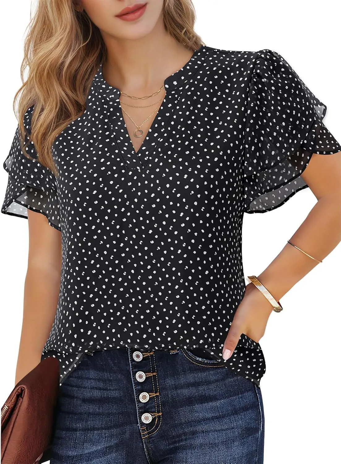Lotusmile Womens Dressy Chiffon Blouses Summer Puff Petal Short Sleeve Shirts V Neck Casual Work Tops