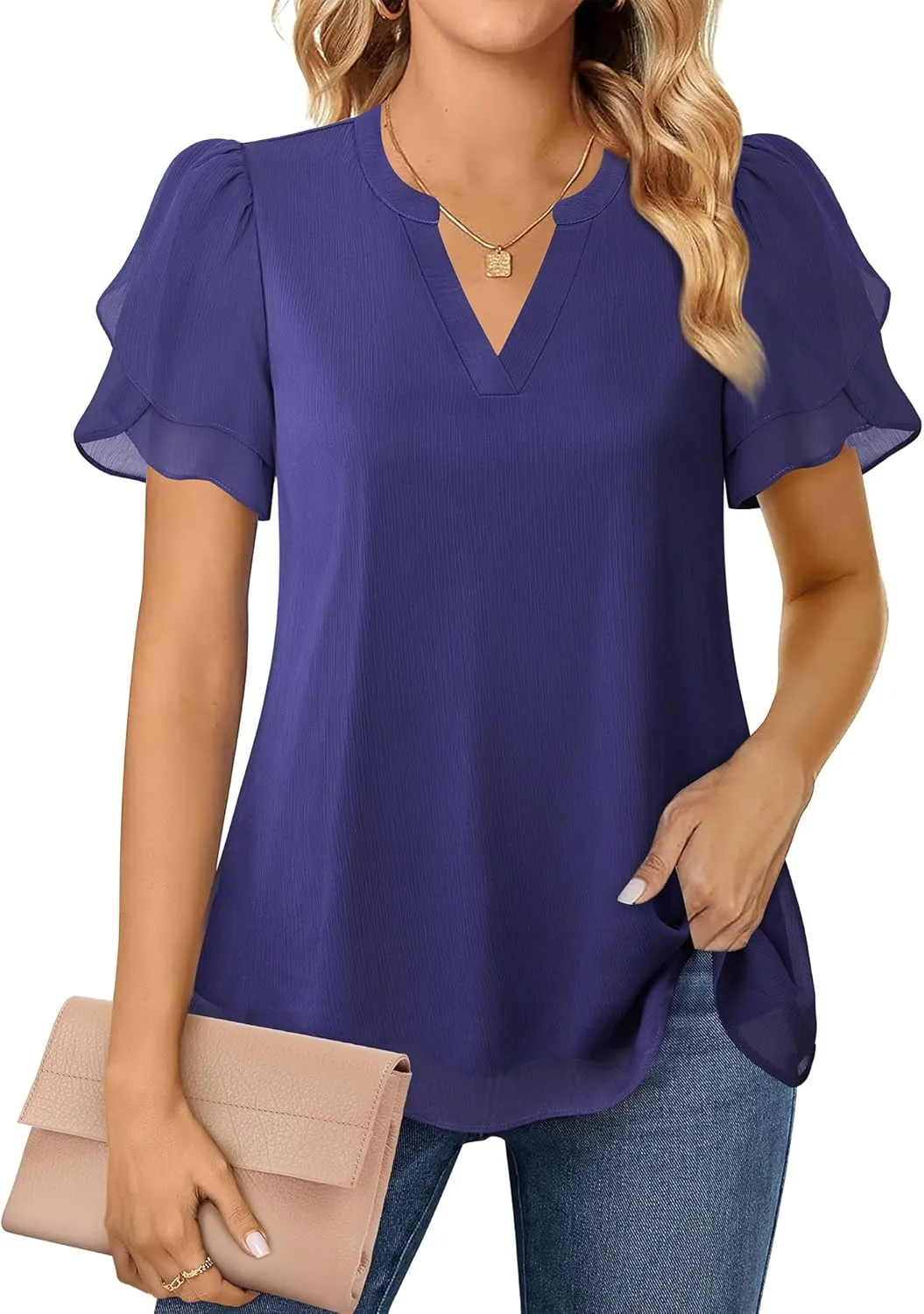 Lotusmile Womens Dressy Chiffon Blouses Summer Puff Petal Short Sleeve Shirts V Neck Casual Work Tops